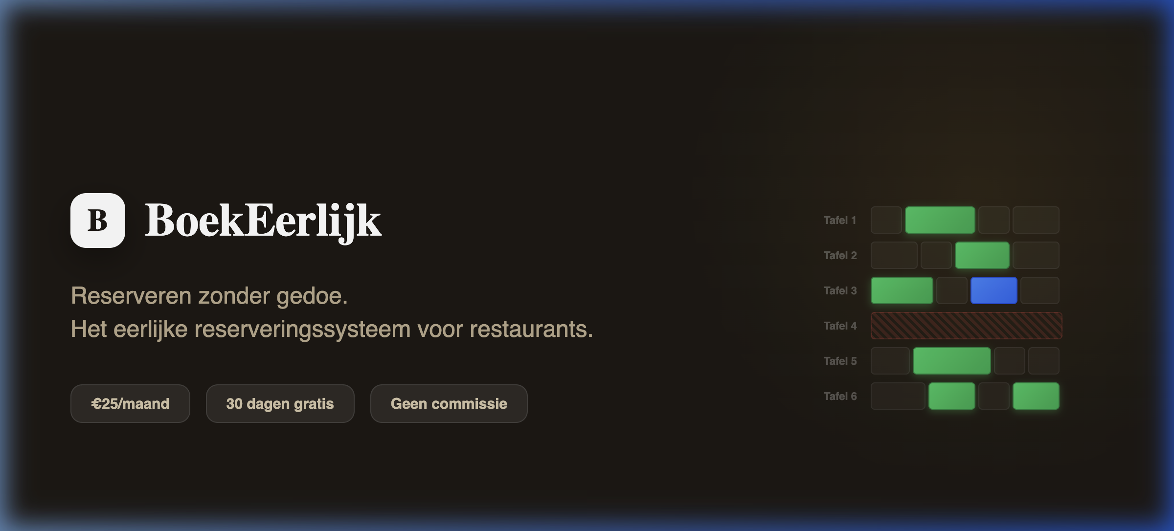 BoekEerlijk tafelmanagement — live tafelindeling voor restaurants, zones en bezettingslimieten in één dashboard